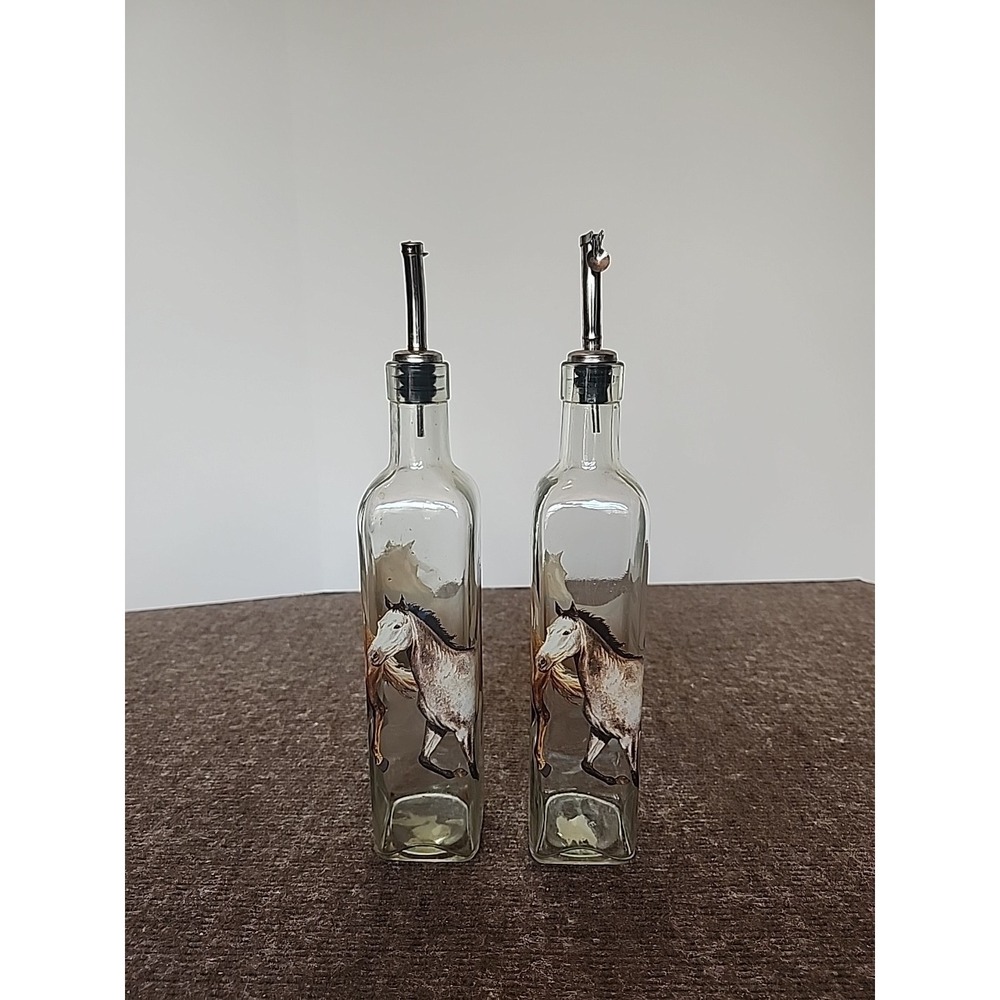 Vintage Glass Oil and Vinegar Cruet Dispenser With Horses